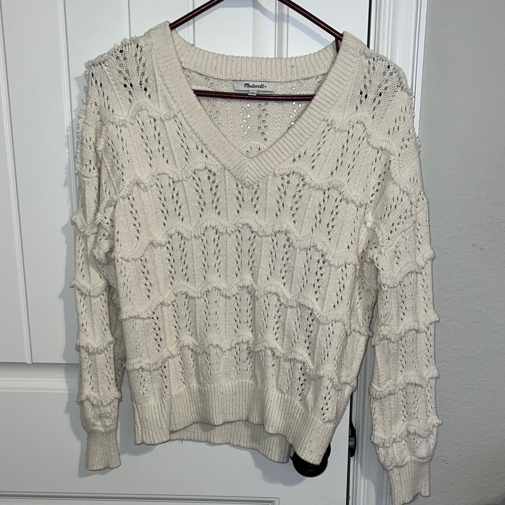 Madewell Fringe V-Neck Sweater in Cream